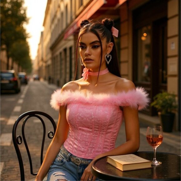 Sugar Thrillz Pink Jacquard Off‑Shoulder Bustier w/ Marabou Trim & Side Zip – S - Picture 5 of 8